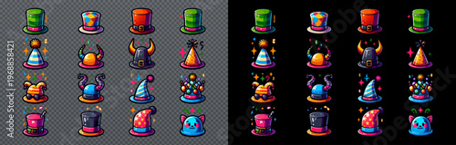 Colorful cartoon magic hats set with bright patterns, wizard accessories and festive elements, perfect for party design, kids themes and fantasy illustrations