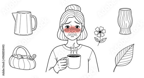 An upset woman with flushed red cheeks holds a coffee cup, surrounded by a teapot, basket, vase, flower, and leaf, suggesting stress.