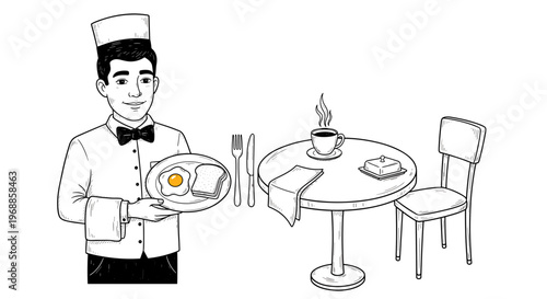 A smiling waiter proudly presents a plate of eggs and toast, standing beside a neatly set restaurant table with coffee, ready for service.
