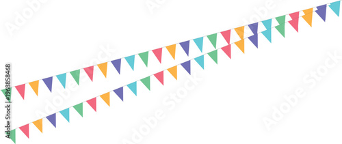 Colorful triangular bunting flags on strings for festive celebrations and decorations.
