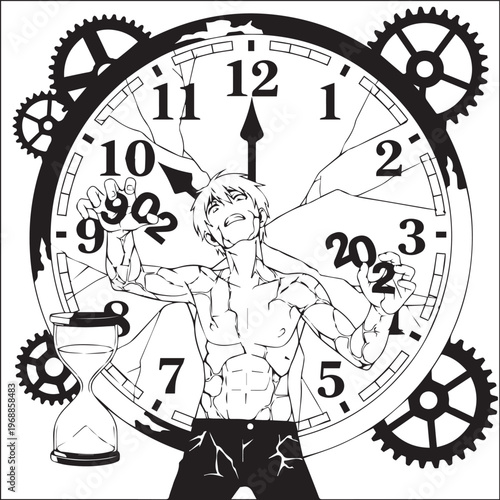 Steampunk clockwork man, gear mechanism, industrial illustration, black and white vector