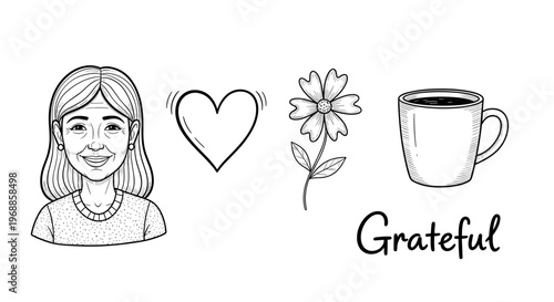 A smiling, grateful woman with a heart, flower, and steaming coffee cup, accompanied by the word "Grateful," signifying appreciation and contentment.