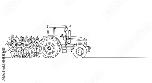 Tractor harvesting corn one line drawing. Agriculture and crop cultivation concept. Continuous line vector illustration isolated on white background