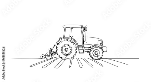 Tractor in field one line drawing. Agricultural machinery and farming concept. Continuous line vector illustration isolated on white background