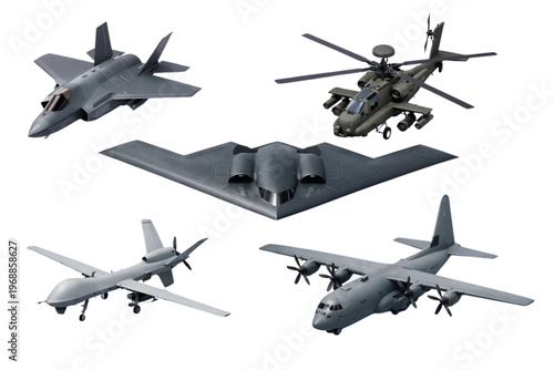 Military Aircraft and Helicopter Collection Grey on Transparent Background
