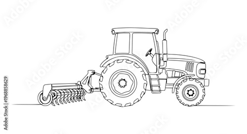 Tractor with plow one line drawing. Farming equipment and agricultural machinery. Continuous line vector illustration isolated on white background