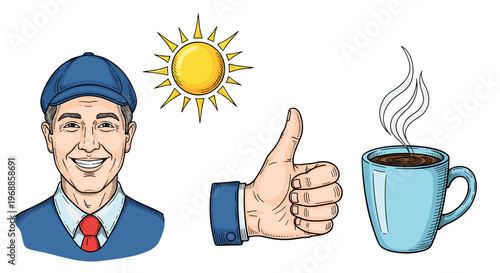 A smiling elderly man with a hat gives a thumbs-up gesture, basking under a bright sun, with a steaming mug of coffee, representing happiness and a positive start to the day.