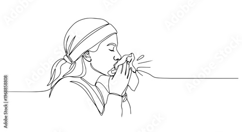 Woman sneezing into a tissue. One line drawing vector illustration. Spring allergy and hay fever concept