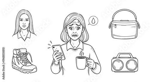 A worried woman checks her smartphone with a low battery, surrounded by a woman's head, a hiking boot, a shoulder bag, and a boombox, depicting modern life anxieties.