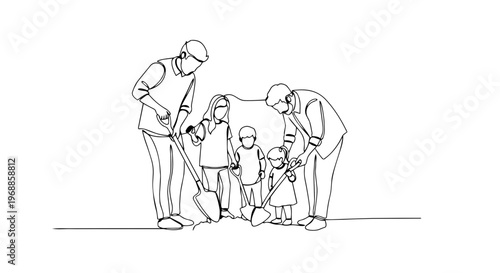 Family planting a tree together in spring. Continuous one line drawing of parents and children. Minimalist vector illustration isolated on white background