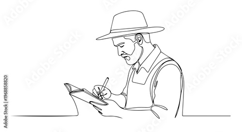 Man with hat and beard writing in a notebook. One line drawing vector illustration. Farmer or researcher recording data concept