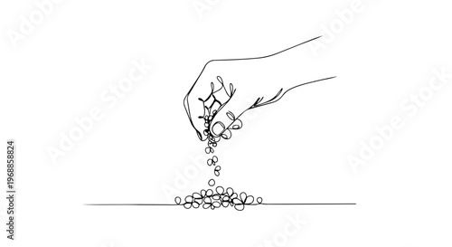 Hand sowing seeds into the soil. One line drawing vector illustration. Spring planting and agriculture concept