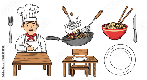 A smiling chef stands by a table while stir-frying in a wok, with a bowl of rice and an empty plate nearby, celebrating the art of Asian cooking.