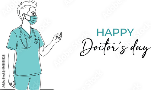 Male healthcare worker wearing surgical mask and stethoscope in continuous line art for happy doctors day greeting card.
