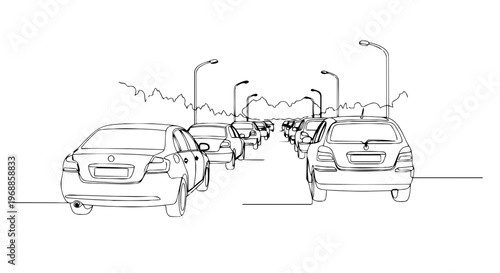 Traffic jam with cars on a city road. One line drawing vector illustration. Minimalist urban transportation and commute concept
