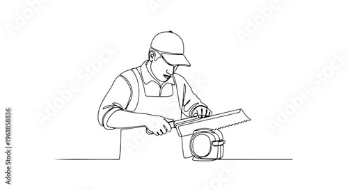 Man using hand saw for woodworking. One line drawing vector illustration. Minimalist carpenter and manual labor concept. Continuous line art isolated on white