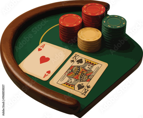 Poker table, green felt, casino chips, playing cards, gambling game