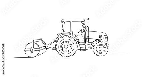Farm tractor with roller attachment. One line drawing vector illustration. Minimalist agricultural machinery and soil preparation concept. Continuous line art isolated on white