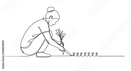 Woman planting seedlings in garden. One line drawing vector illustration. Minimalist spring planting and growth concept. Continuous line art isolated on white