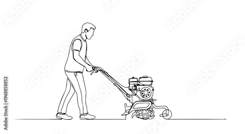 Man operating walk-behind power tiller. One line drawing vector illustration. Minimalist gardening and soil cultivation concept. Continuous line art isolated on white