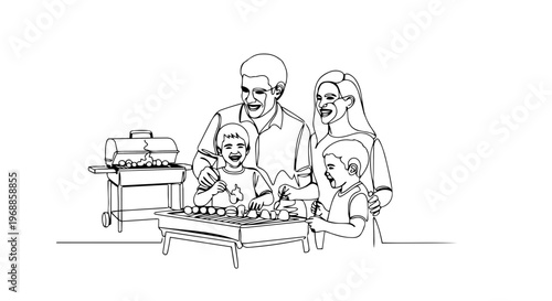 Family having a barbecue party. One line drawing illustration. Parents and children grilling food. Minimalist summer picnic concept. Vector graphic isolated on white
