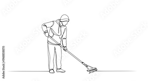 Person raking ground one line drawing. Minimalist vector illustration of gardening work. Continuous line art of man with rake