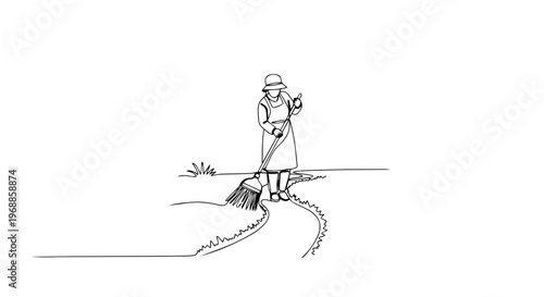 Person sweeping garden path one line drawing. Minimalist vector illustration of yard cleaning. Continuous line art of gardener with broom