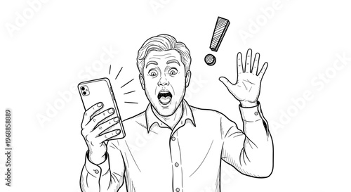 A man with a shocked and surprised expression, holding a mobile phone while an exclamation mark appears above his head.