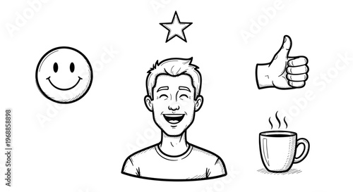 A happy man smiling, surrounded by positive symbols like a star, a thumbs-up gesture, and a smiley face icon, with a cup of coffee.