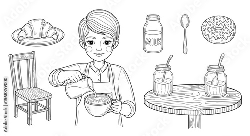 A young woman pouring milk into a bowl of cereal, surrounded by various breakfast items including a croissant, bottle, spoon, donut, table, jars, and a chair.