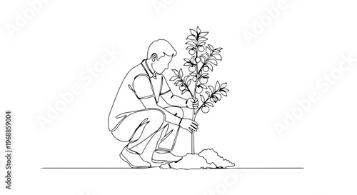 Man planting a tree sapling in the garden. One line drawing vector illustration. Minimalist gardening and ecology concept
