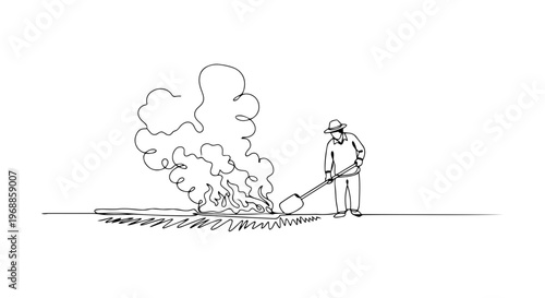 Man burning garden waste with a shovel. One line drawing vector illustration. Minimalist spring cleaning and yard work concept