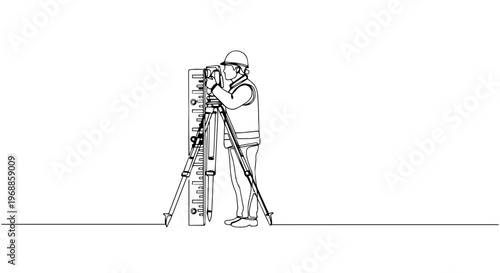 One line drawing of a surveyor with a theodolite. Minimalist vector illustration of a civil engineer in a hard hat. Construction and land measurement concept