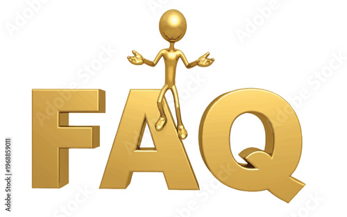 Golden man jumping on FAQ letters  frequently asked questions concept with shiny golden human figure isolated on white background