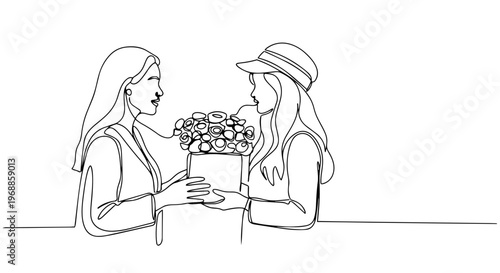 One line drawing of two women with a box of flowers. Minimalist vector illustration of a spring gift delivery. Friendship and celebration concept isolated on white