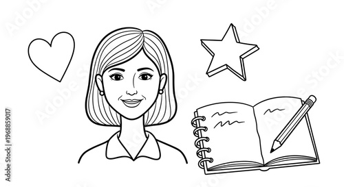A lovely woman with a friendly smile, accompanied by symbols of affection like a heart and a star, next to an open notebook and a pencil.