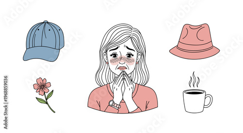 A distressed woman with an irritated red nose and teary eyes suffers from seasonal allergies, surrounded by potential triggers and comforting remedies.