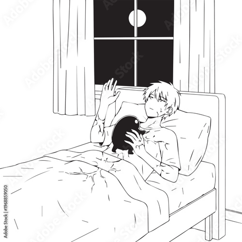 Illustration of a man and dog in bed, moonlit night, black and white vector
