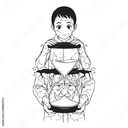 Sad child, hourglass, cracked, black and white, vector illustration, emotional, stress, anxiety, mental health