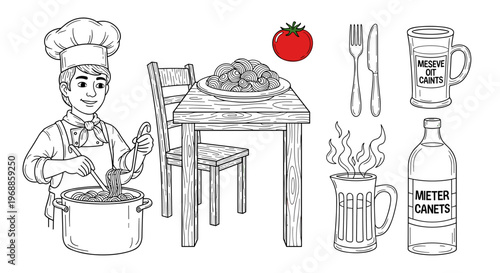A happy chef in uniform stirs a pot, surrounded by a table with food, a tomato, cutlery, and beverages.