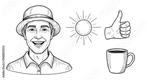 A happy man in a hat gives a thumbs-up, radiating joy, next to a bright sun and a hot coffee cup.