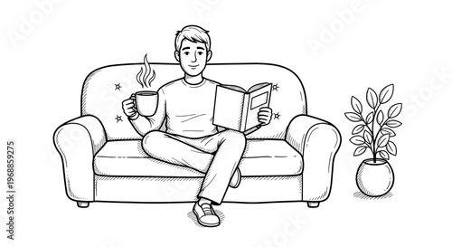 A man relaxes on a sofa, reading a book and sipping coffee, next to a potted plant for a cozy home.