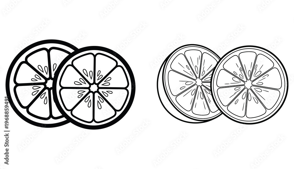Fototapeta premium A simple black and white sketch depicts two whole and two sliced oranges, showcasing the fruit's segments and circular form.