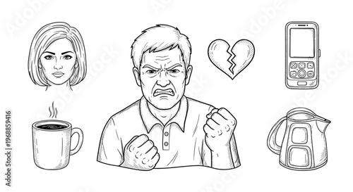 An angry man clenches fists, surrounded by a woman's face, broken heart, phone, coffee, and a kettle.