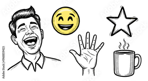 A happy man laughs joyfully, mouth open, with a smiling emoji, an open hand, and a steaming coffee mug.