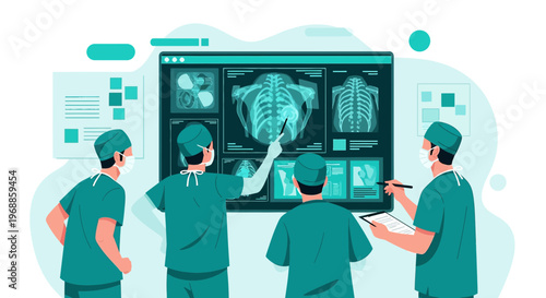 Medical Team Analyzing X-Rays on Large Screen, Surgical Operation Planning