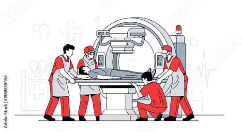 Medical Team Assists Patient During CT Scan Procedure in Modern Radiology Department