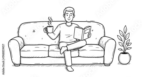 A man relaxes on a sofa, reading a book, enjoying hot coffee, with a potted plant nearby, creating a calm scene.