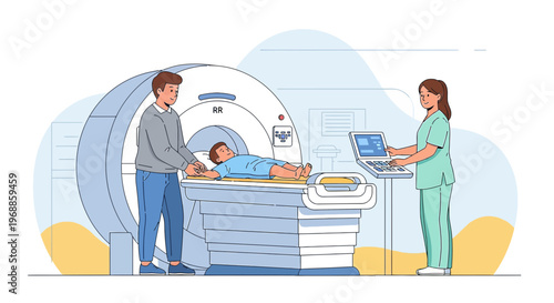 Medical Team Assists Patient in MRI Scan Room with Modern Technology