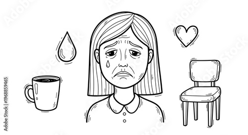 A sad elderly woman with tears, looking heartbroken, surrounded by a tear drop, a heart, chair, and coffee mug.